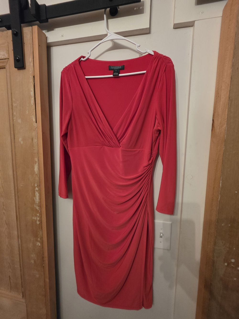 Lauren Ralph Lauren Hot Pink V-Neck Ruched Midi Dress (12)